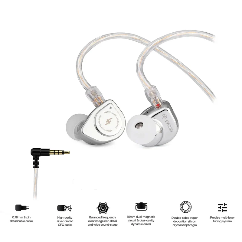 SIMGOT EW200 10mm SCP Diaphragm Dual-Magnetic-Circuit & Dual-Cavity Dynamic Driver In-Ear Earphones (Silver)