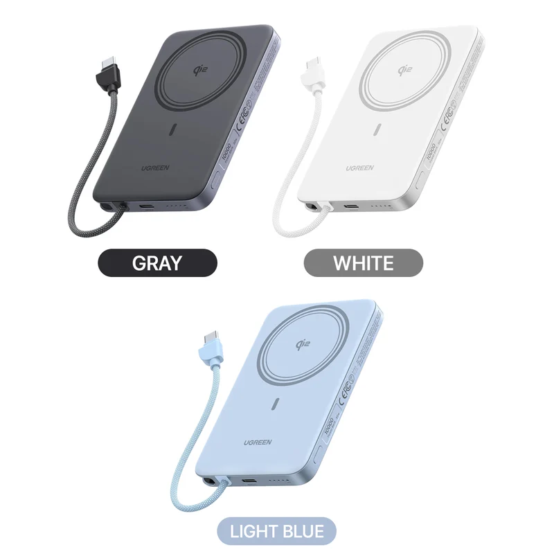Ugreen MagFlow Air 10000mAh 30W 1xUSB-C + 15W Qi2 Magnetic Wireless Fast Charging Power Bank with 30W USB-C Built-in Cable (Gray, White, Light Blue)