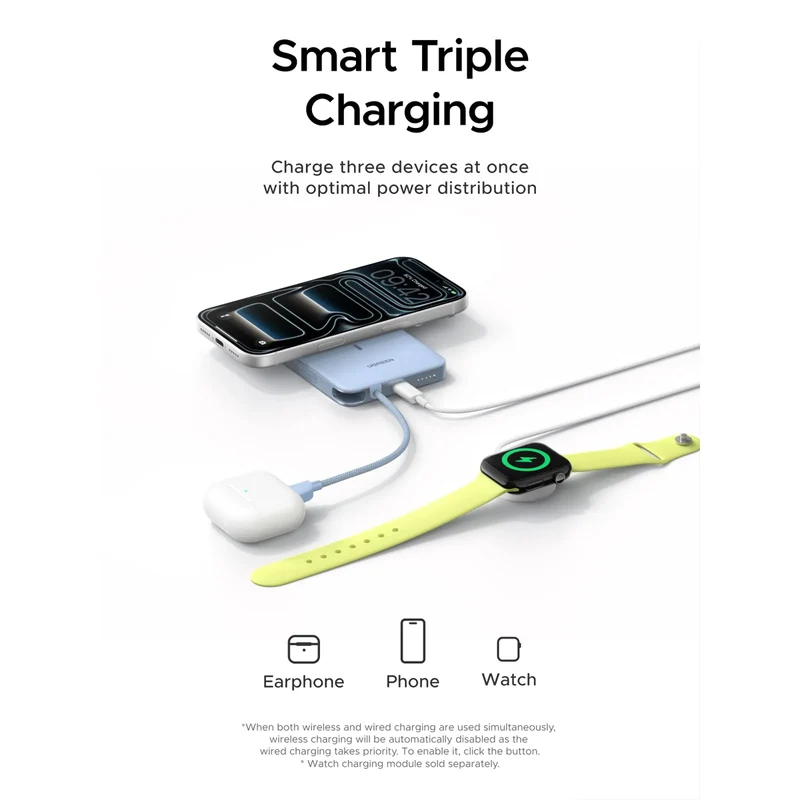 Ugreen MagFlow Air 10000mAh 30W 1xUSB-C + 15W Qi2 Magnetic Wireless Fast Charging Power Bank with 30W USB-C Built-in Cable (Gray, White, Light Blue)
