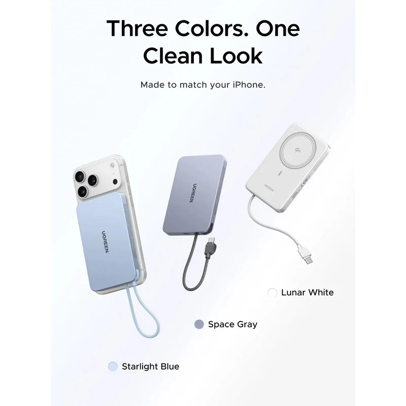 Ugreen MagFlow Air 10000mAh 30W 1xUSB-C + 15W Qi2 Magnetic Wireless Fast Charging Power Bank with 30W USB-C Built-in Cable (Gray, White, Light Blue)