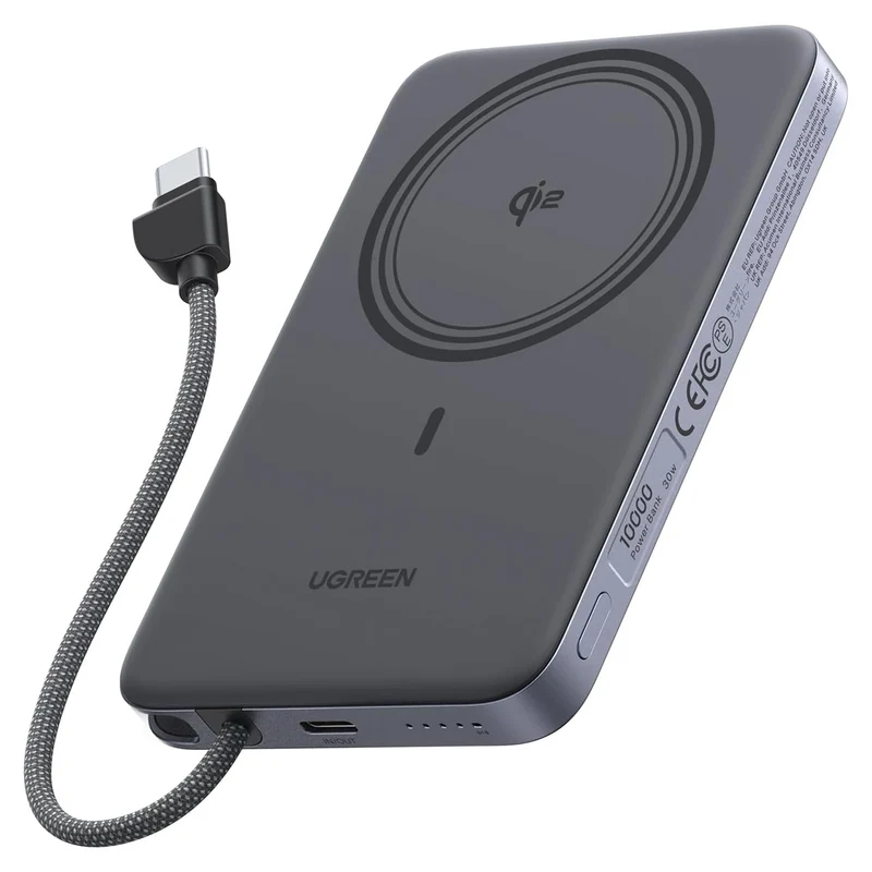 Ugreen MagFlow Air 10000mAh 30W 1xUSB-C + 15W Qi2 Magnetic Wireless Fast Charging Power Bank with 30W USB-C Built-in Cable (Gray, White, Light Blue)