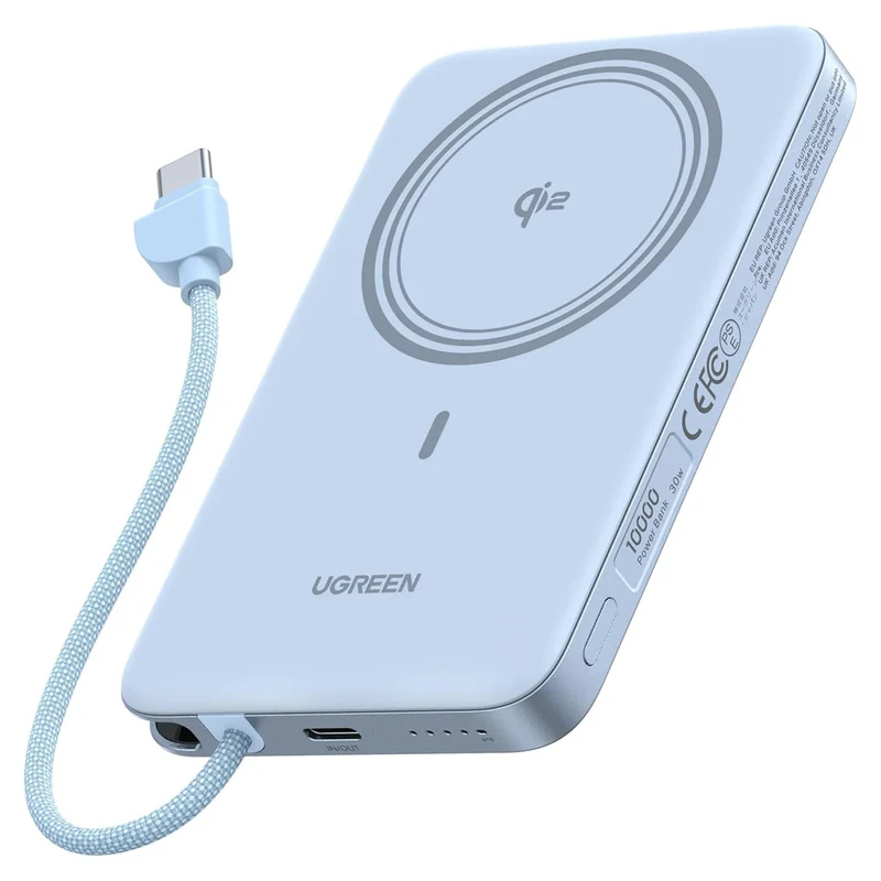 Ugreen MagFlow Air 10000mAh 30W 1xUSB-C + 15W Qi2 Magnetic Wireless Fast Charging Power Bank with 30W USB-C Built-in Cable (Gray, White, Light Blue)