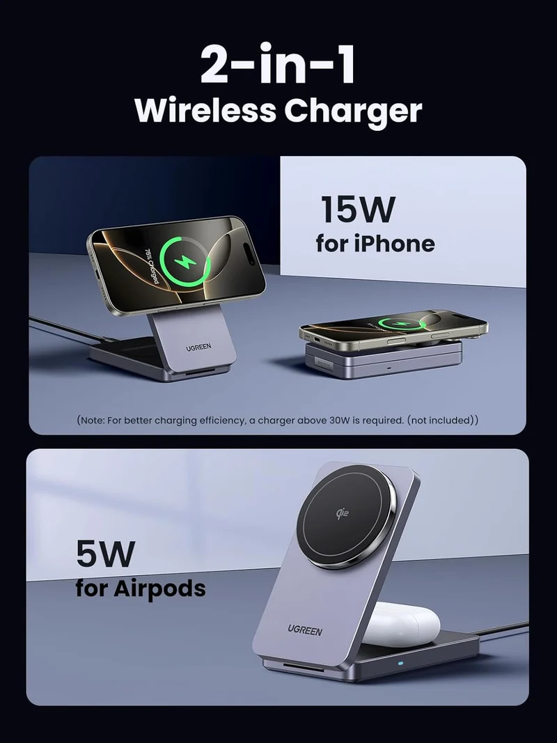Ugreen 2-in-1 Qi2 Magnetic Wireless Foldable Charger for IPhone & AirPods (Space Gray) (W706/45023)