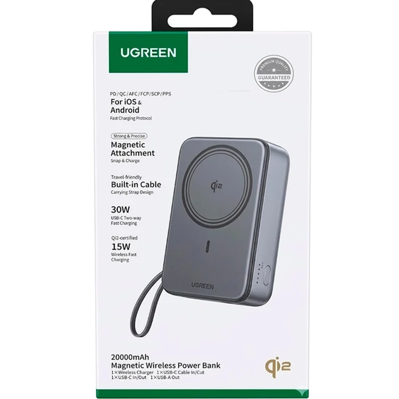 Ugreen 20000mAh Qi2 Magnetic Wireless 30W Power Bank with USB-C Built-In Cable (Black) (PB567/55450B)