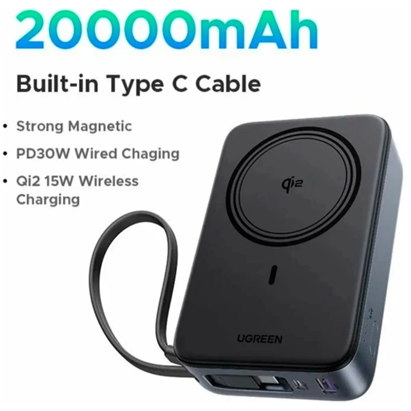 Ugreen 20000mAh Qi2 Magnetic Wireless 30W Power Bank with USB-C Built-In Cable (Black) (PB567/55450B)