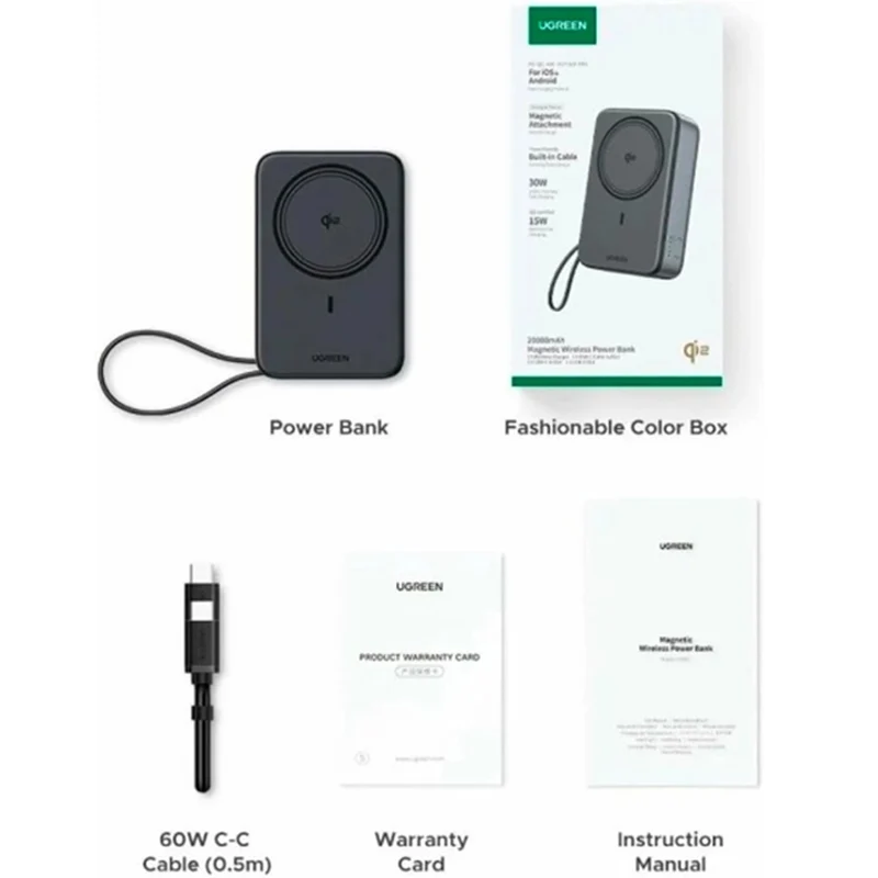 Ugreen 20000mAh Qi2 Magnetic Wireless 30W Power Bank with USB-C Built-In Cable (Black) (PB567/55450B)