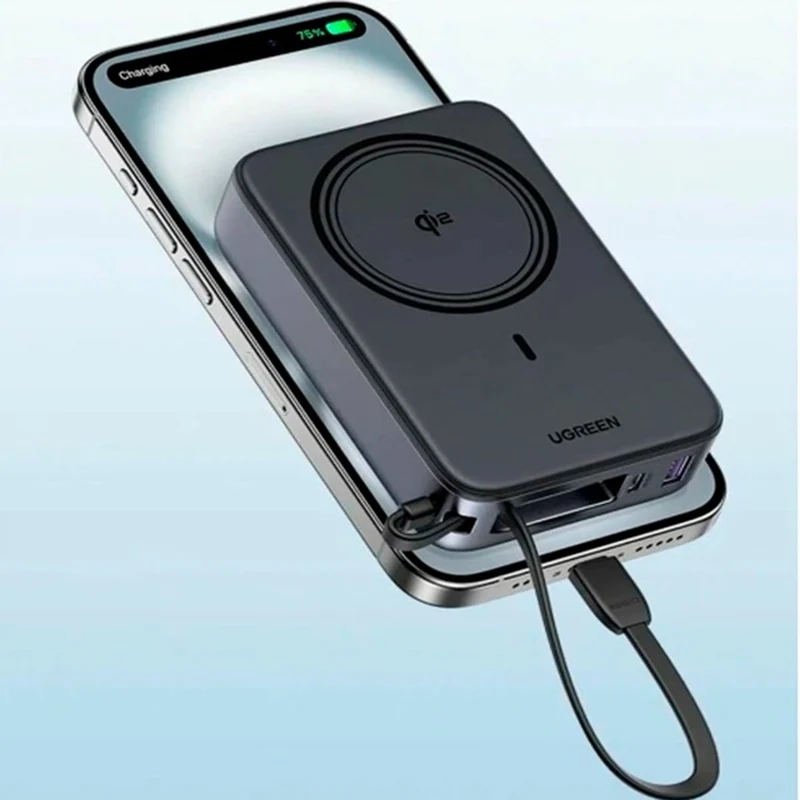 Ugreen 20000mAh Qi2 Magnetic Wireless 30W Power Bank with USB-C Built-In Cable (Black) (PB567/55450B)