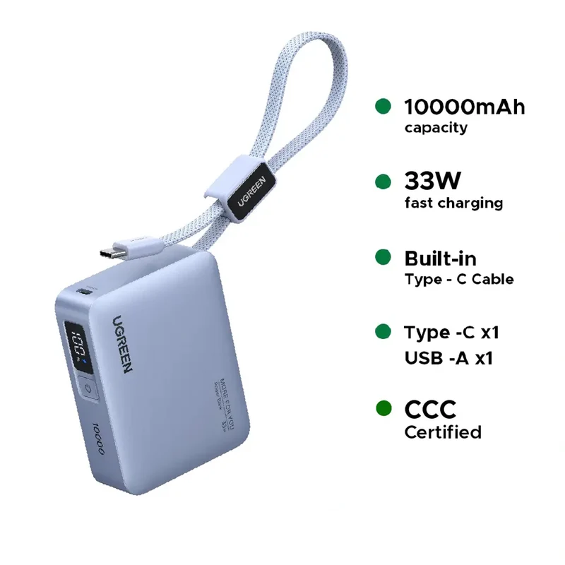 Ugreen 10000mAh 33W Fast Charging Power Bank with USB-C Built-In Braided Cable (Space Gray) (PB584/75173B)