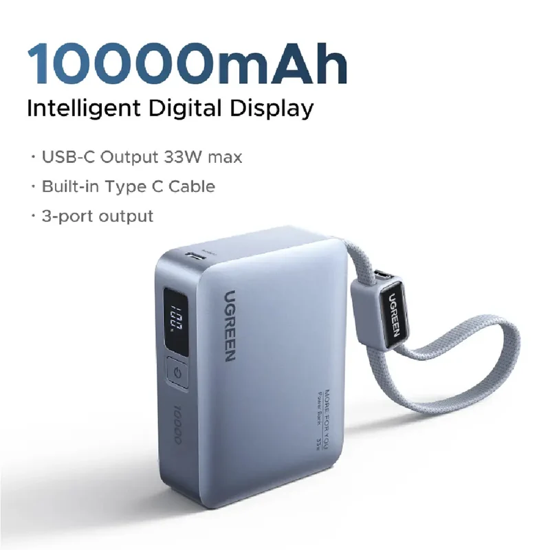 Ugreen 10000mAh 33W Fast Charging Power Bank with USB-C Built-In Braided Cable (Space Gray) (PB584/75173B)