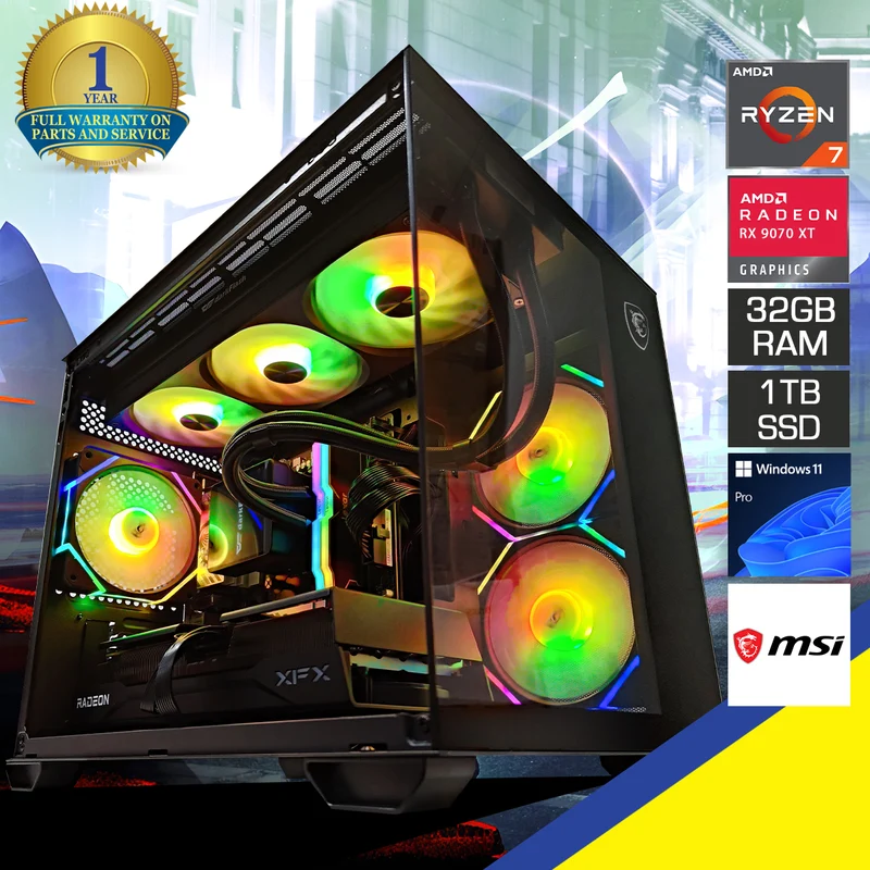 Optima Pro PANO Black Desktop Gaming PC | AMD Ryzen 7 7800X3D | 32GB (2X16GB) RAM | 1TB SSD | RX 9070 XT | Windows 11 Pro