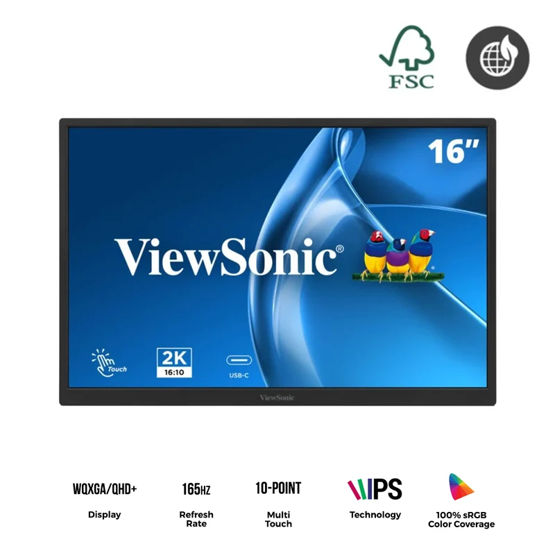 Viewsonic TD1617A-2K 16" WQXGA (2560x1600) 165Hz 3ms Multi-Touch Portable Monitor With USB-C And Tilt Adjustment