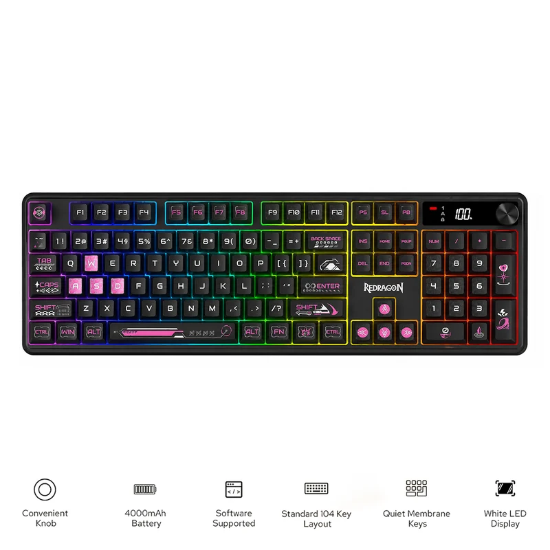 Redragon RM104 Pro Volcano Tri-Mode 104-Key Wireless RGB Membrane Mechanical Gaming Keyboard with LED Display (Black/Pink) (K526BP-PRO)