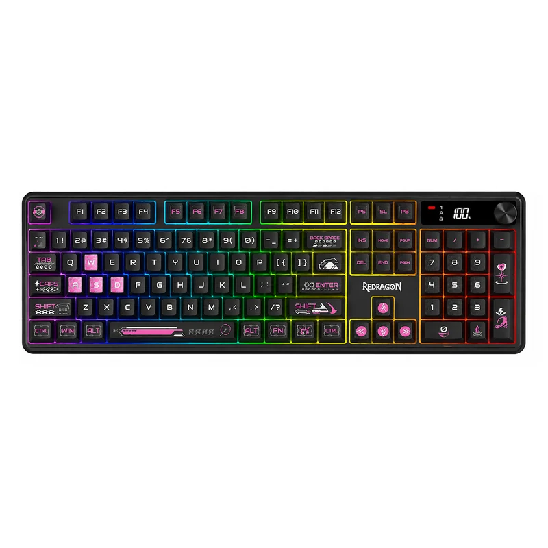 Redragon RM104 Pro Volcano Tri-Mode 104-Key Wireless RGB Membrane Mechanical Gaming Keyboard with LED Display (Black/Pink) (K526BP-PRO)