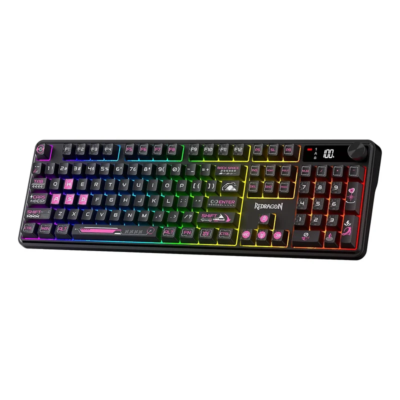 Redragon RM104 Pro Volcano Tri-Mode 104-Key Wireless RGB Membrane Mechanical Gaming Keyboard with LED Display (Black/Pink) (K526BP-PRO)