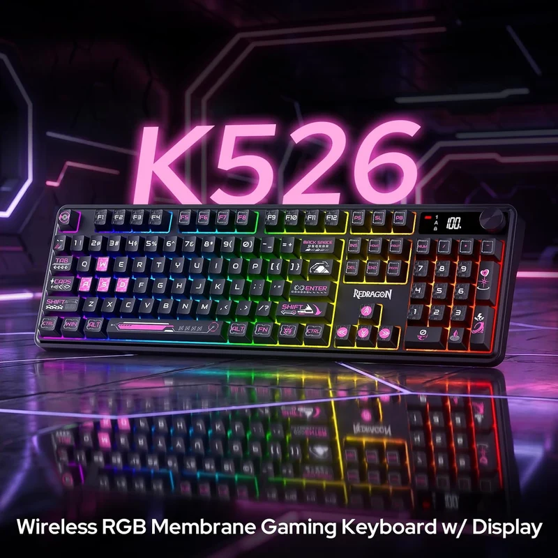 Redragon RM104 Pro Volcano Tri-Mode 104-Key Wireless RGB Membrane Mechanical Gaming Keyboard with LED Display (Black/Pink) (K526BP-PRO)