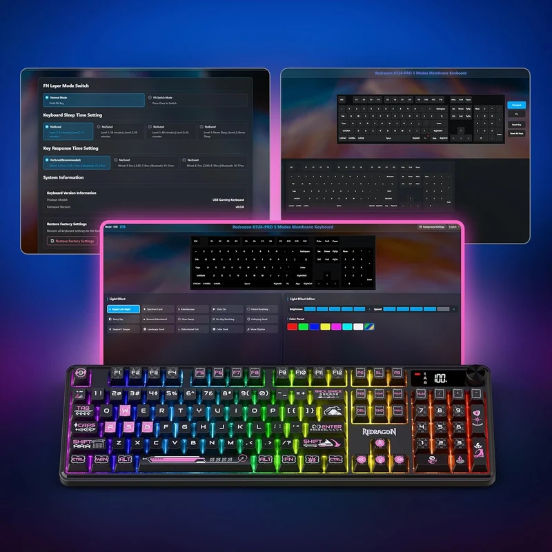 Redragon RM104 Pro Volcano Tri-Mode 104-Key Wireless RGB Membrane Mechanical Gaming Keyboard with LED Display (Black/Pink) (K526BP-PRO)