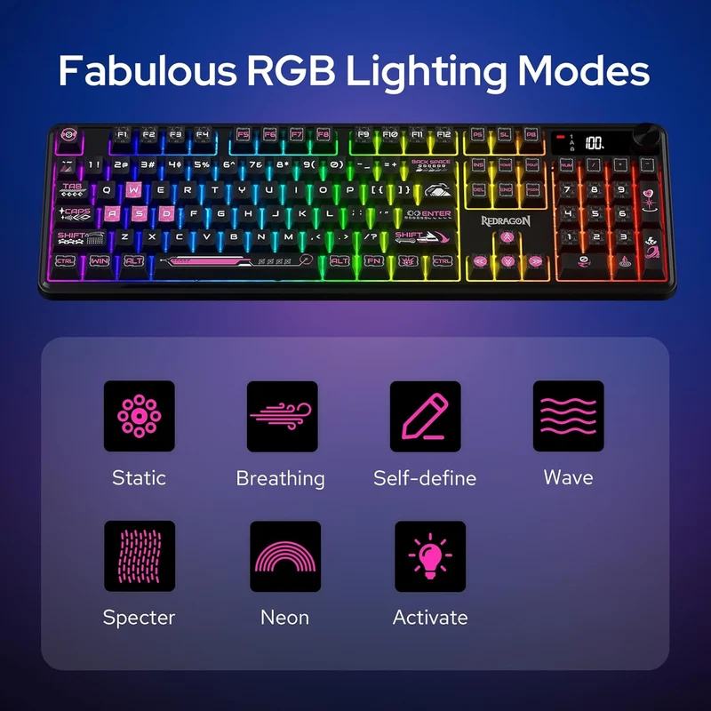 Redragon RM104 Pro Volcano Tri-Mode 104-Key Wireless RGB Membrane Mechanical Gaming Keyboard with LED Display (Black/Pink) (K526BP-PRO)