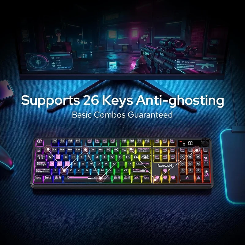 Redragon RM104 Pro Volcano Tri-Mode 104-Key Wireless RGB Membrane Mechanical Gaming Keyboard with LED Display (Black/Pink) (K526BP-PRO)