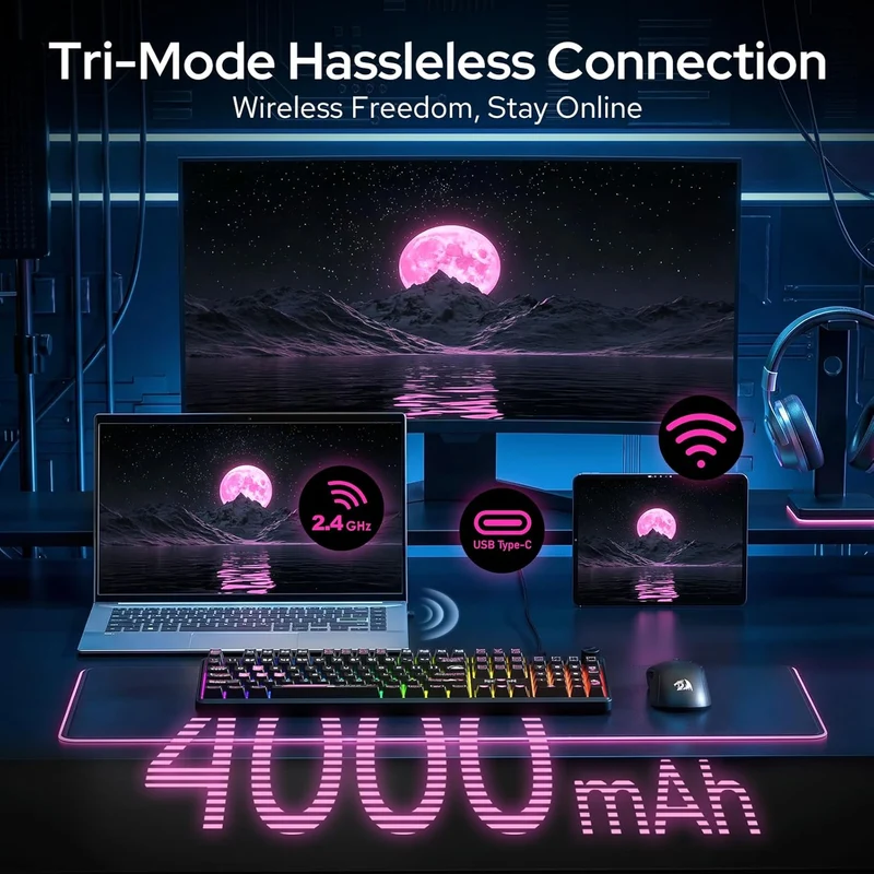 Redragon RM104 Pro Volcano Tri-Mode 104-Key Wireless RGB Membrane Mechanical Gaming Keyboard with LED Display (Black/Pink) (K526BP-PRO)