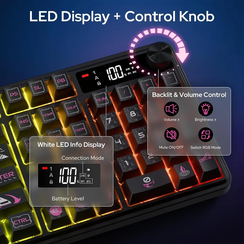 Redragon RM104 Pro Volcano Tri-Mode 104-Key Wireless RGB Membrane Mechanical Gaming Keyboard with LED Display (Black/Pink) (K526BP-PRO)