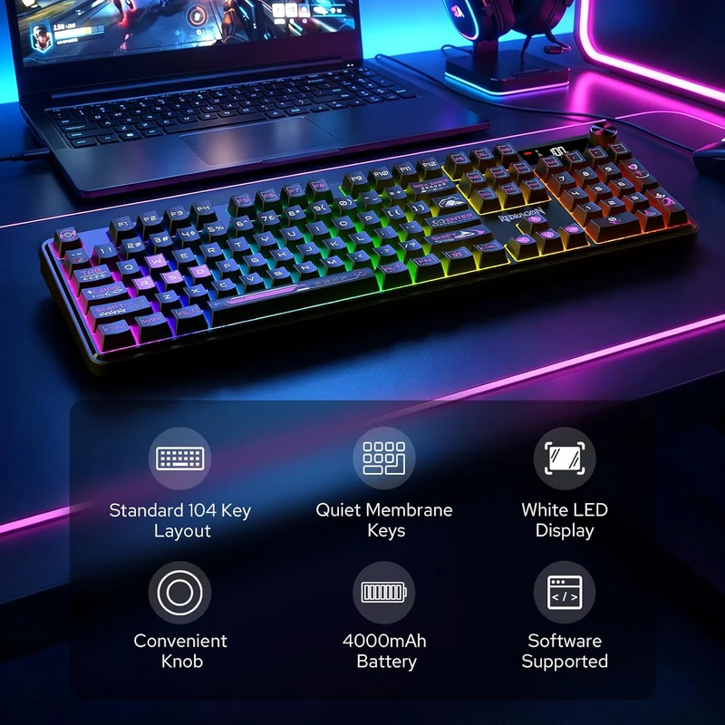 Redragon RM104 Pro Volcano Tri-Mode 104-Key Wireless RGB Membrane Mechanical Gaming Keyboard with LED Display (Black/Pink) (K526BP-PRO)