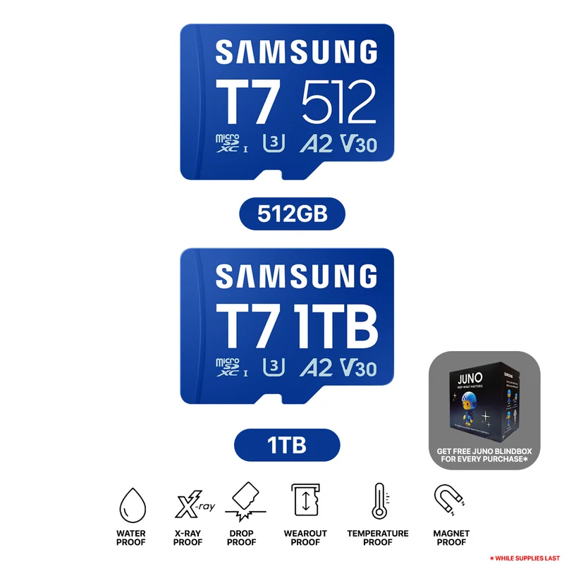 Samsung T7 UHS-I C10 U3 V30 A2 170MB/s Read microSDXC Card (512GB, 1TB) (MB-MB512T, MB-MB1T0T) + Free Juno Blind Box