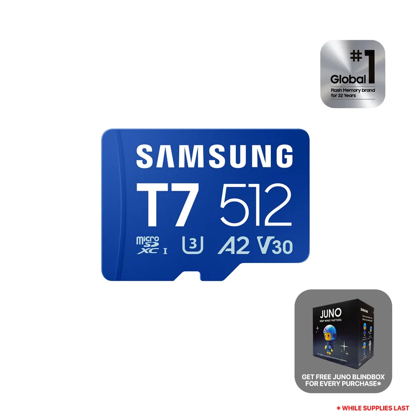 Samsung T7 UHS-I C10 U3 V30 A2 170MB/s Read microSDXC Card (512GB, 1TB) (MB-MB512T, MB-MB1T0T) + Free Juno Blind Box