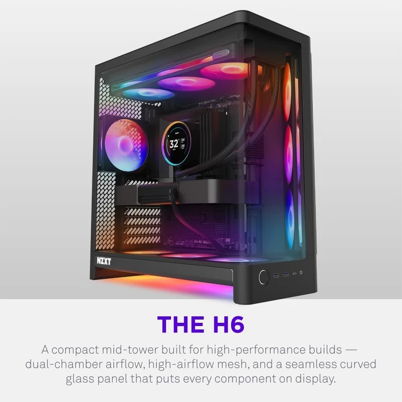 NZXT H6 RGB+ 2026 Compact Dual-Chamber ATX Airflow Case with RGB Fans and Controller (Black, White) (CC-H62FB-P1, CC-H62FW-P1)