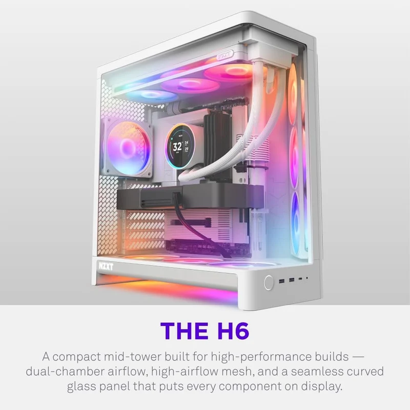 NZXT H6 RGB+ 2026 Compact Dual-Chamber ATX Airflow Case with RGB Fans and Controller (Black, White) (CC-H62FB-P1, CC-H62FW-P1)