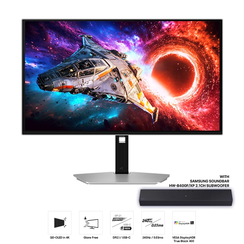 Samsung Odyssey OLED G8 LS27HG802SEXXP 27" 4K (3840x2160) 240Hz 0.03ms GTG FreeSync Premium Pro Gaming Monitor with Tilt/ Height/ Pivot/ Swivel Adjustment + Samsung Soundbar HW-B400F/XP 2.1ch Subwoofer