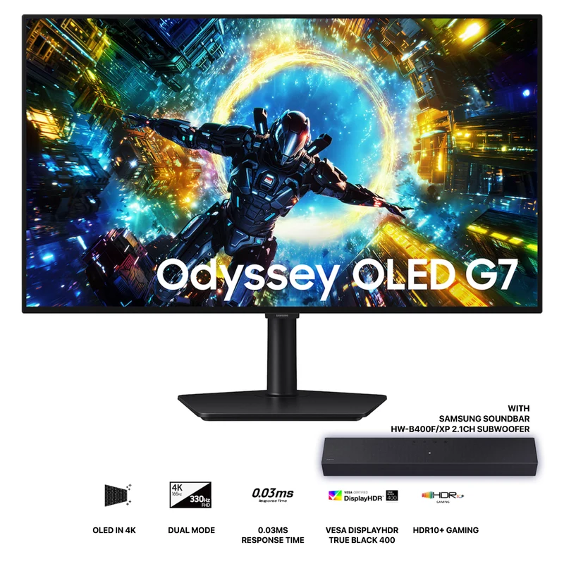 Samsung Odyssey OLED G7 LS32HG732SEXXP 32" 4K (3840x2160) Dual Mode (Max 4K 165Hz / FHD 330Hz) 0.03ms GTG Gaming Monitor with Tilt/ Height/ Pivot/ Swivel Adjustment + Samsung Soundbar HW-B400F/XP 2.1ch Subwoofer