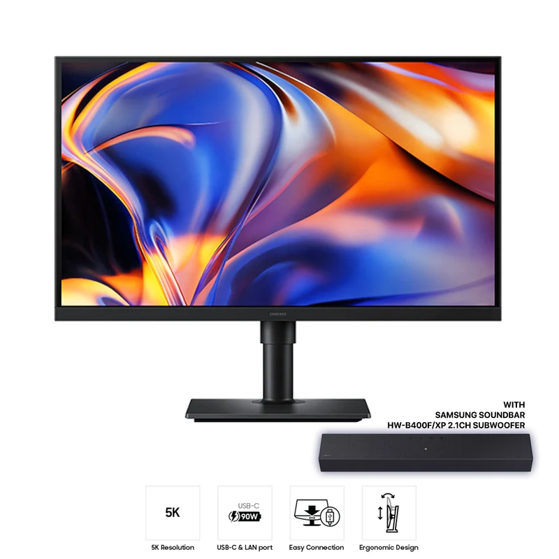 Samsung ViewFinity S8 LS27H802EFAXXP 27" 5K (5120x2880) 60Hz 5ms GTG USB-C & LAN Port IPS Monitor with Tilt/ Height/ Pivot/ Swivel Adjustment + Samsung Soundbar HW-B400F/XP 2.1ch Subwoofer