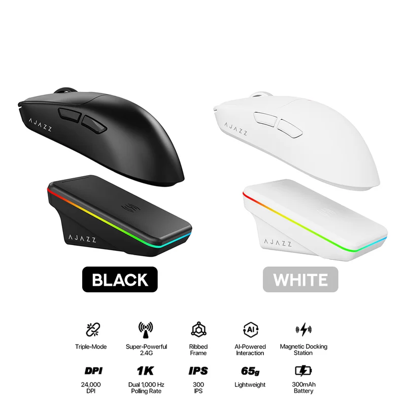 Nacodex x Ajazz AJ200P NL AI MC NearLink Tri-Mode Gaming Mouse (Black, White)
