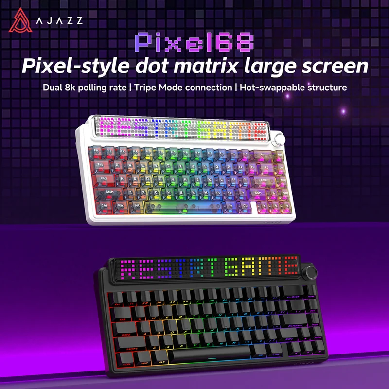 Ajazz Pixel68 Dot Matrix Large Screen RGB Tri-Mode Mechanical Keyboard (Transparent Blue Purple Pink Orange) (MX Ice Sea Spirit Switch)