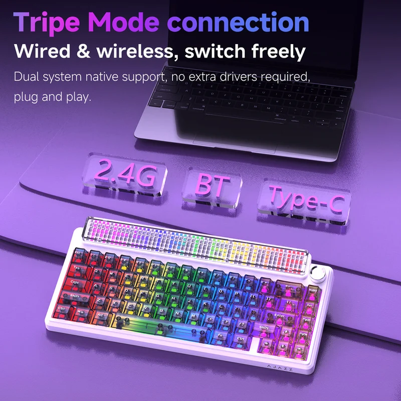 Ajazz Pixel68 Dot Matrix Large Screen RGB Tri-Mode Mechanical Keyboard (Transparent Blue Purple Pink Orange) (MX Ice Sea Spirit Switch)