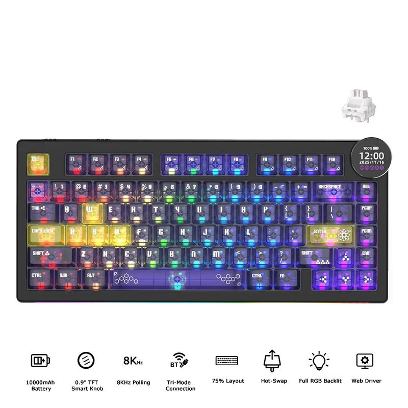 Ajazz AK820 V2 Pro RGB Tri-Mode Mechanical Keyboard (Transparent Purple-Yellow-Dark Purple) (Lychee Switch)