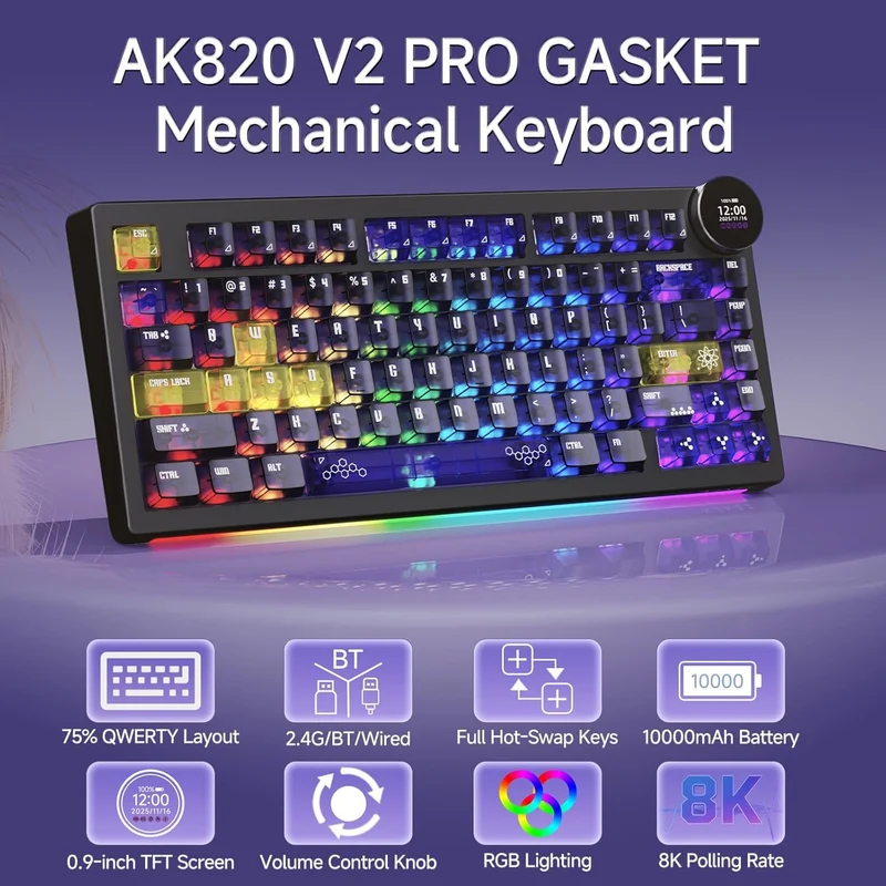 Ajazz AK820 V2 Pro RGB Tri-Mode Mechanical Keyboard (Transparent Purple-Yellow-Dark Purple) (Lychee Switch)