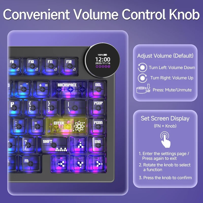 Ajazz AK820 V2 Pro RGB Tri-Mode Mechanical Keyboard (Transparent Purple-Yellow-Dark Purple) (Lychee Switch)