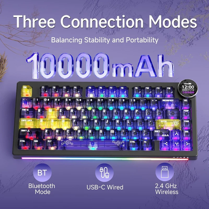 Ajazz AK820 V2 Pro RGB Tri-Mode Mechanical Keyboard (Transparent Purple-Yellow-Dark Purple) (Lychee Switch)