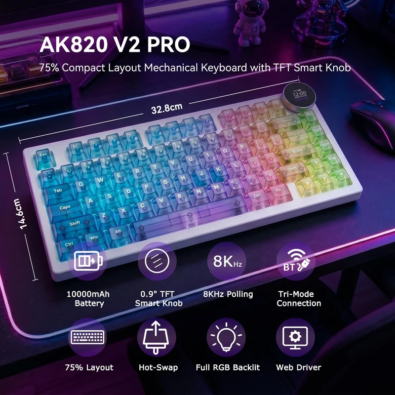 Ajazz AK820 V2 Pro RGB Tri-Mode Mechanical Keyboard (Transparent Color) (Lychee Switch)