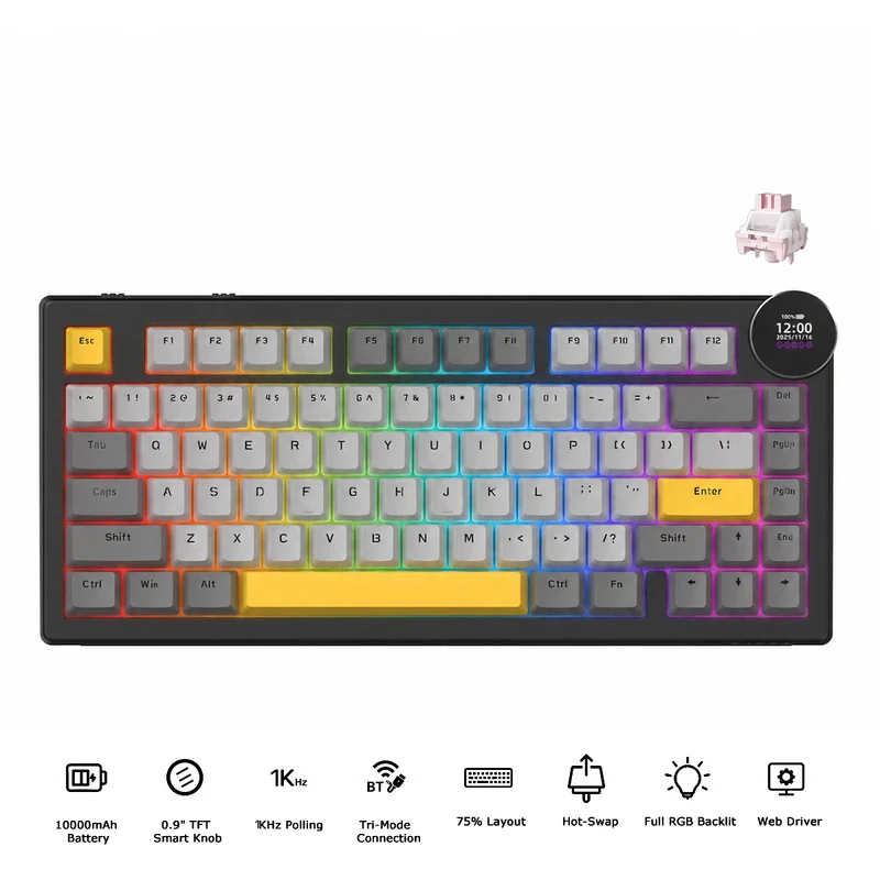 Ajazz AK820 V2 RGB Tri-Mode Mechanical Keyboard (Black/Grey/Yellow) (White Peach Switch)