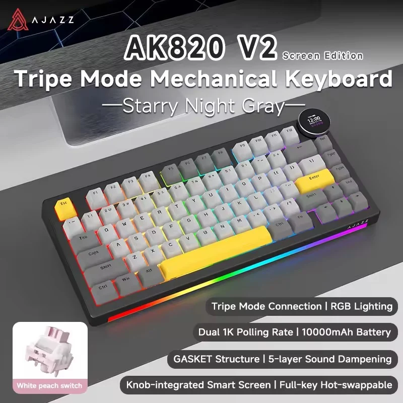 Ajazz AK820 V2 RGB Tri-Mode Mechanical Keyboard (Black/Grey/Yellow) (White Peach Switch)
