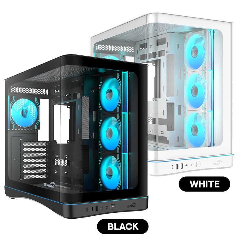 Sama V62S Mid-Tower Curved Panoramic TG Panel PC Case with 4x Pre-Installed ARGB Infinity Fans (Black, White) (V62S-BKADA4X1-GL, V62S-WHADA4X1-GL)