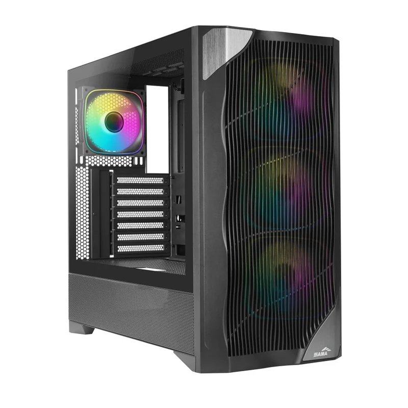 Sama V42 Mid-Tower Wave Front Panel PC Case with 4x Pre-Installed ARGB Fans (Black) (V42-BKAMA4X1-GL)