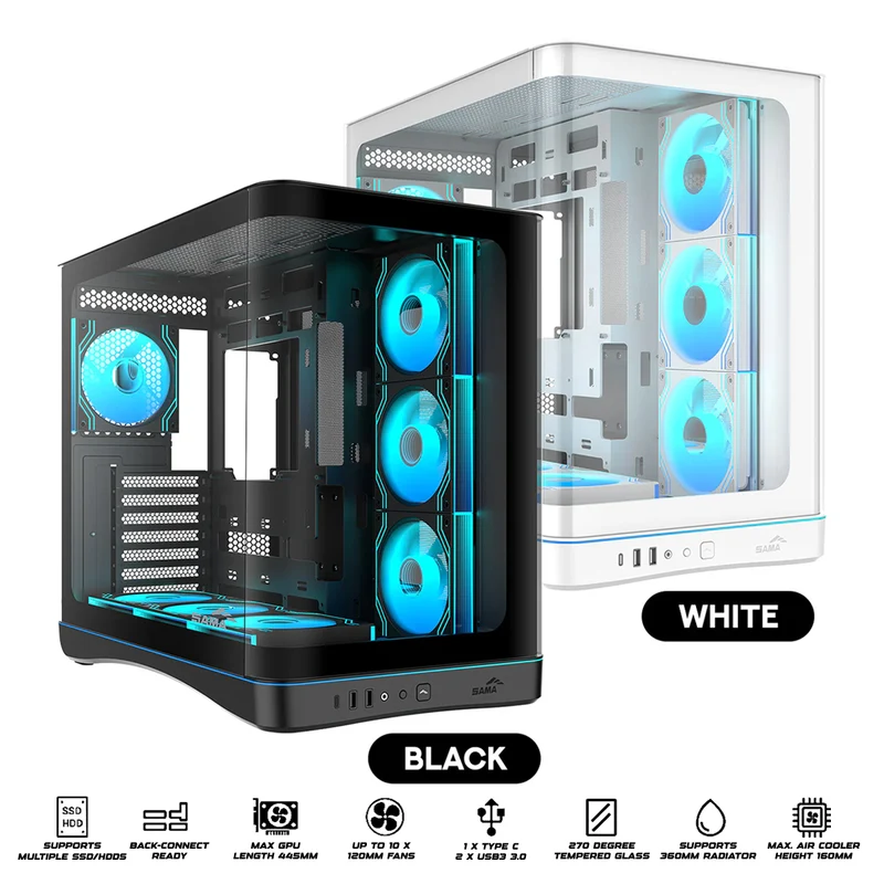 Sama V62 Mid-Tower Curved Panoramic TG Panel PC Case with 7x Pre-Installed ARGB Infinity Fans (Black, White) (V62-BKADA7X1-GL, V62-WHADA7X1-GL)