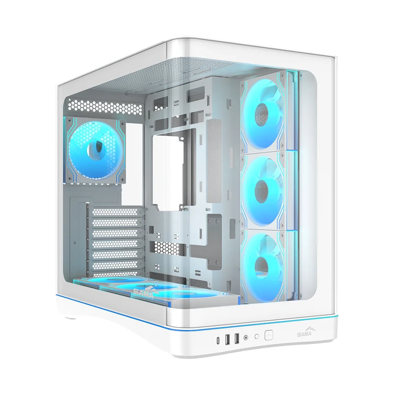 Sama V62 Mid-Tower Curved Panoramic TG Panel PC Case with 7x Pre-Installed ARGB Infinity Fans (Black, White) (V62-BKADA7X1-GL, V62-WHADA7X1-GL)