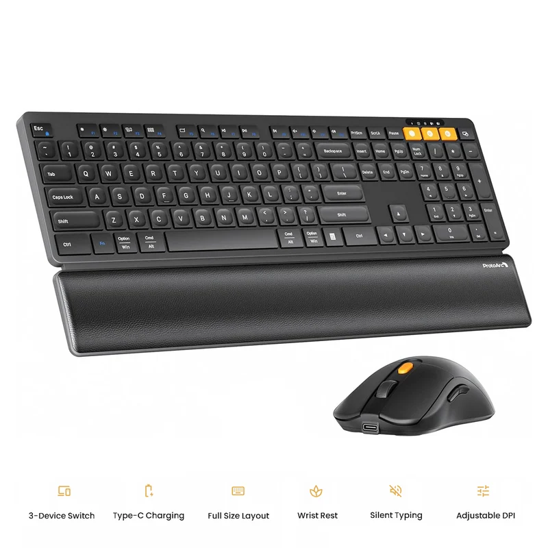 ProtoArc KM60 Ergonomic Triple Channel Bluetooth Keyboard and Mouse Combo with Wrist Rest (Black) (CP016538)