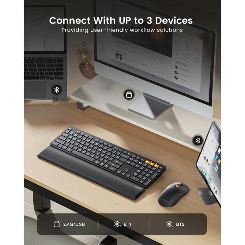 ProtoArc KM60 Ergonomic Triple Channel Bluetooth Keyboard and Mouse Combo with Wrist Rest (Black) (CP016538)