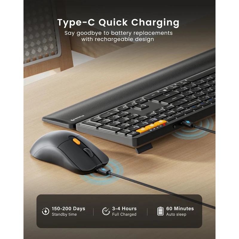 ProtoArc KM60 Ergonomic Triple Channel Bluetooth Keyboard and Mouse Combo with Wrist Rest (Black) (CP016538)