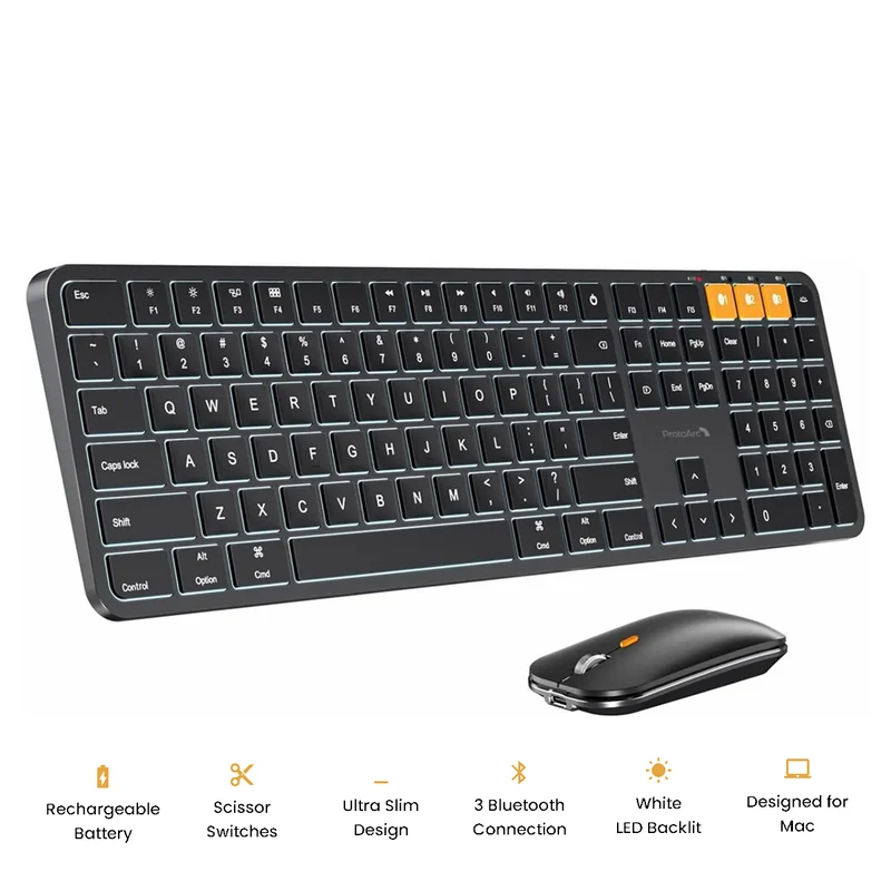 ProtoArc KM100-A Bluetooth Triple Channel Ultra-Slim Backlit Keyboard and Mouse Combo (Black) (CP016254)